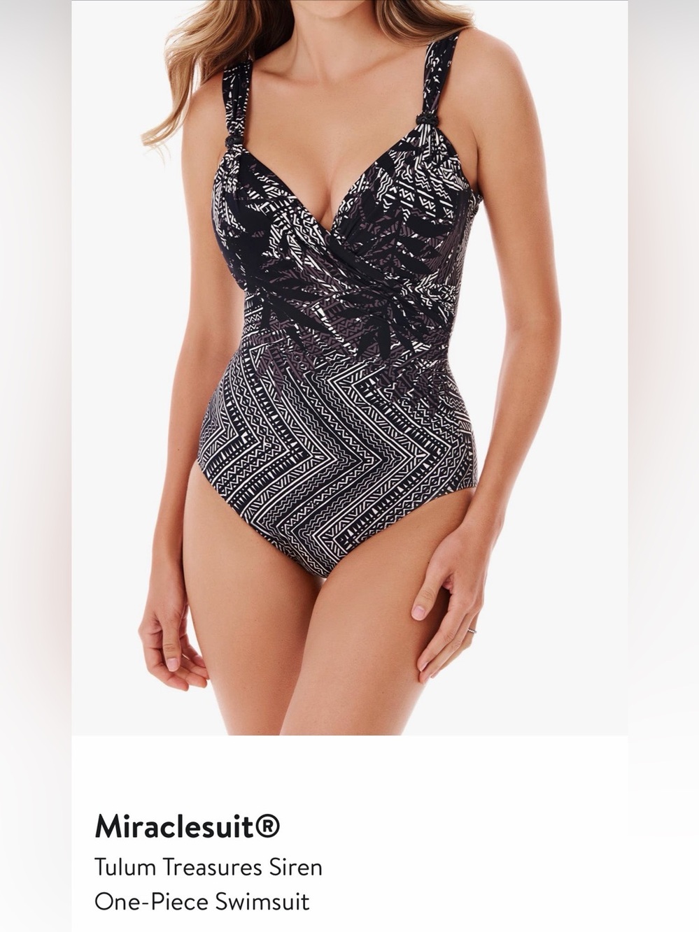 Miraclesuit Siren Tulum Black & White Geometric Wrap One-Piece Swim